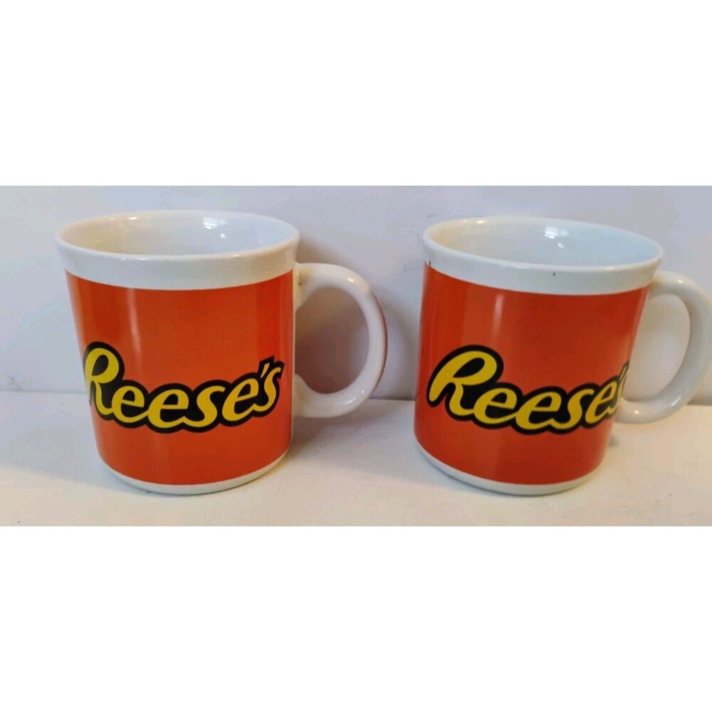 Set of 2 Reese's Peanut Butter Cup Ceramic Coffee Mugs Orange Candy Logo Cup Lot